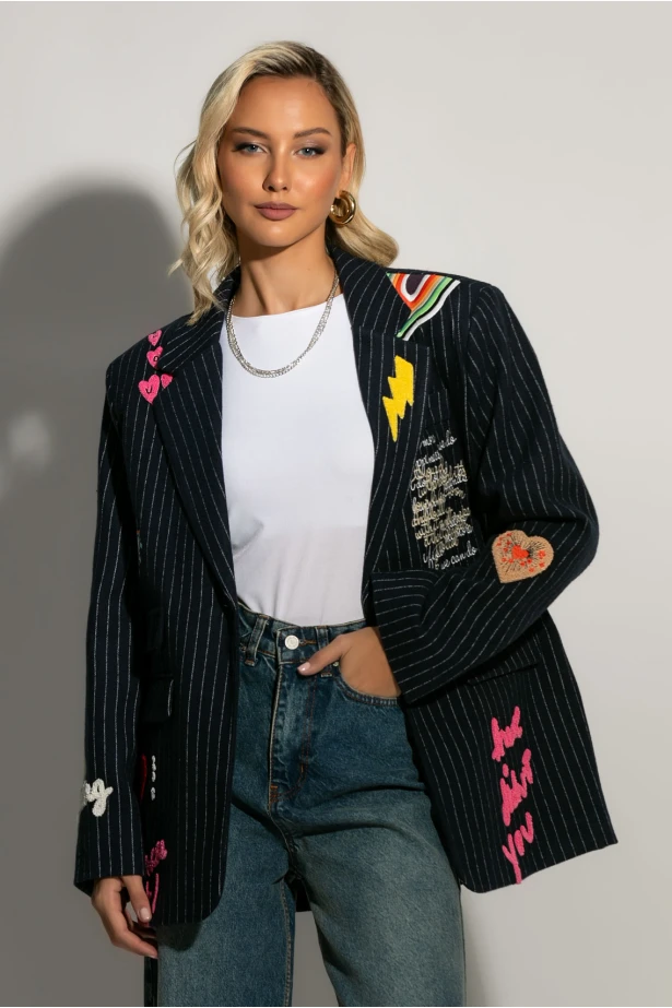 Blazer ριγέ με paches μπλε Blazer ριγέ με paches μπλε