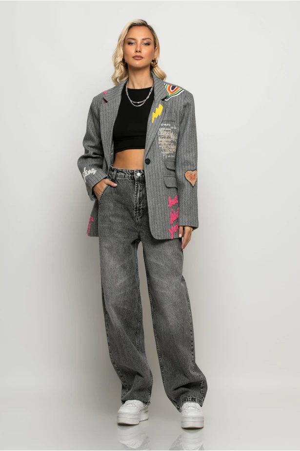 Blazer ριγέ με paches γκρι Blazer ριγέ με paches γκρι