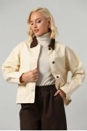 Jean jacket με κοτλέ γιακά μπεζ