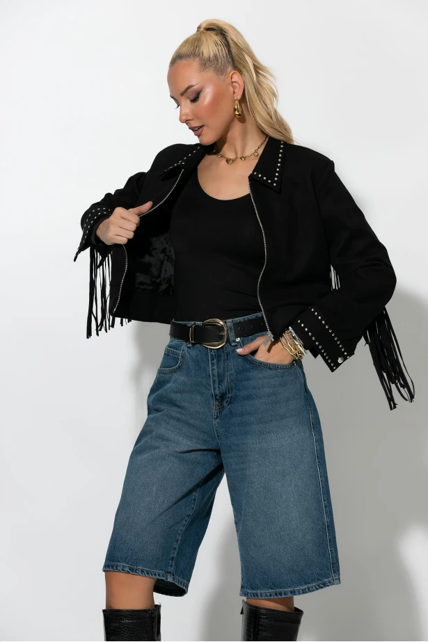 Σουέντ jacket με τρούς και κρόσια μαύρο