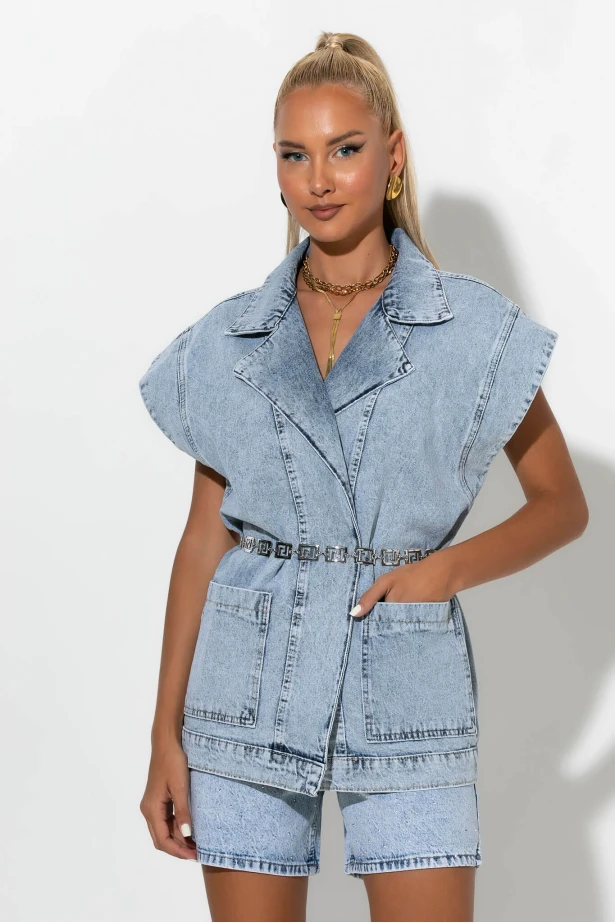 Jean αμάνικο jacket με τσέπες μπλε 