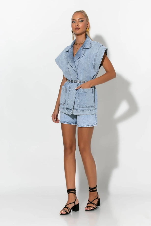 Jean αμάνικο jacket με τσέπες μπλε 