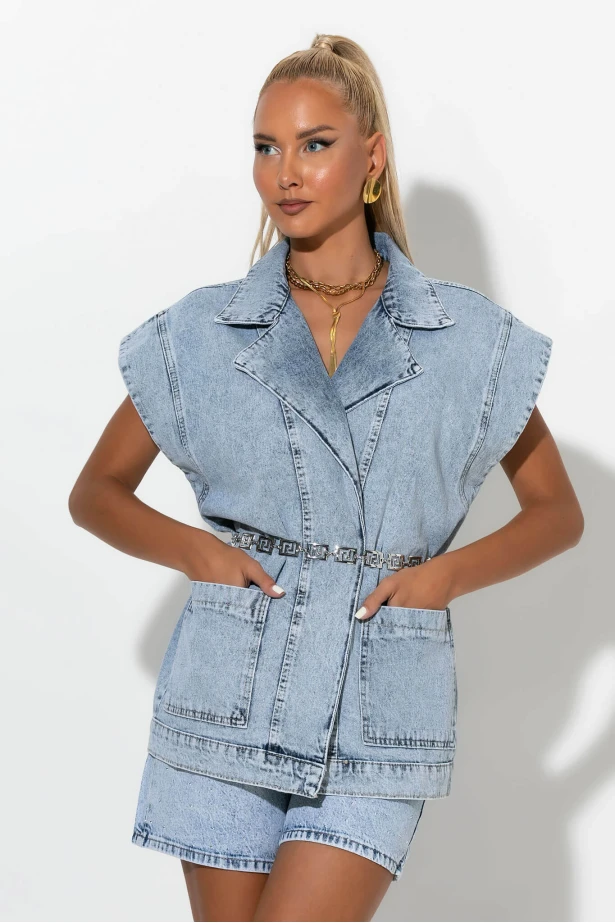 Jean αμάνικο jacket με τσέπες μπλε 