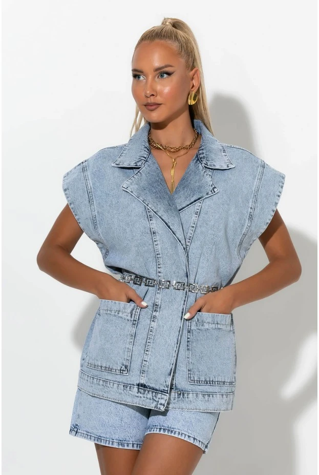 Jean αμάνικο jacket με τσέπες μπλε 