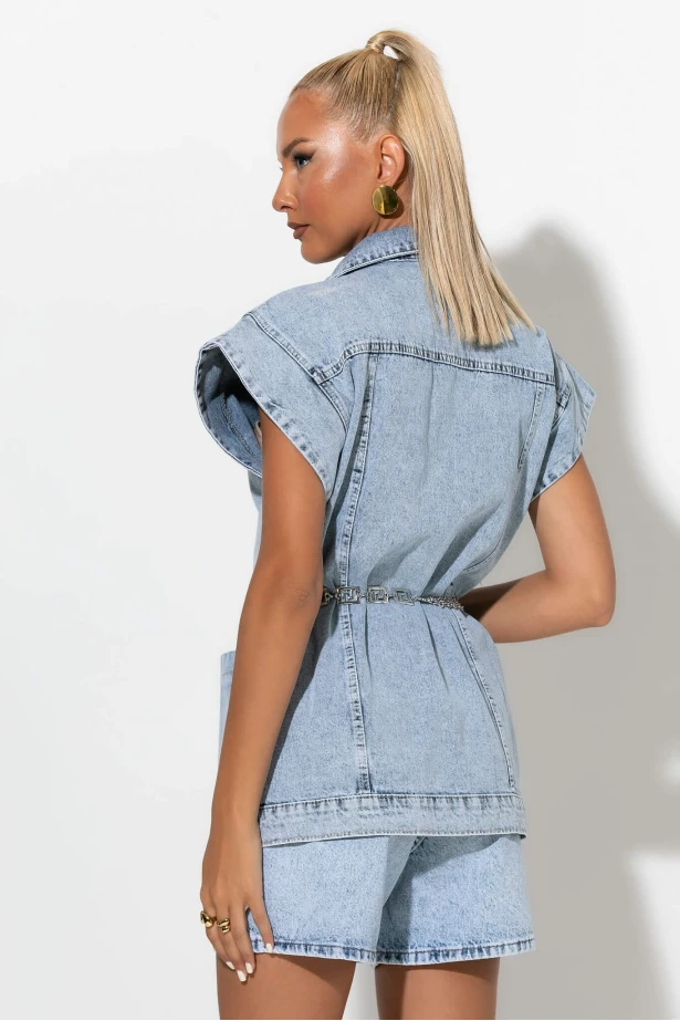 Jean αμάνικο jacket με τσέπες μπλε 