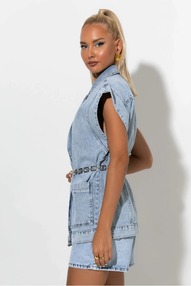 Jean αμάνικο jacket με τσέπες μπλε 