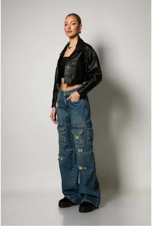 Leather cropped jacket με κουμπιά μαύρο
