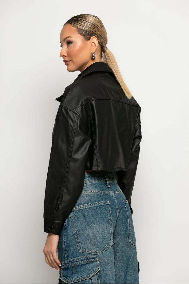 Leather cropped jacket με κουμπιά μαύρο Leather cropped jacket με κουμπιά μαύρο