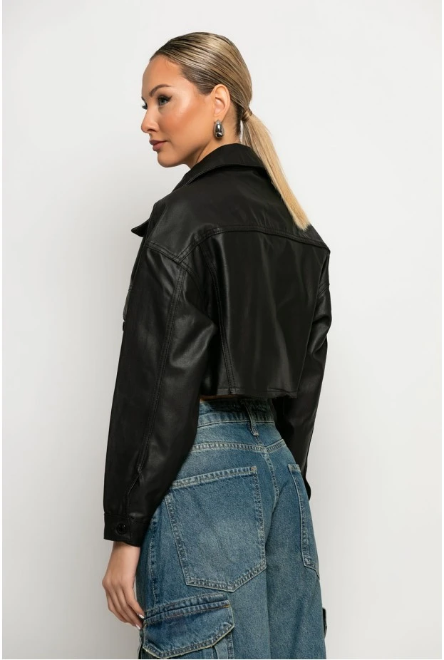 Leather cropped jacket με κουμπιά μαύρο