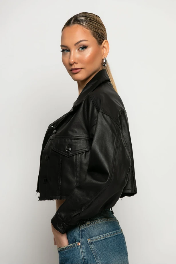 Leather cropped jacket με κουμπιά μαύρο Leather cropped jacket με κουμπιά μαύρο