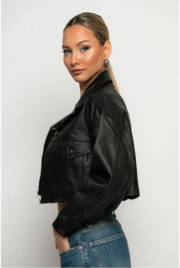 Leather cropped jacket με κουμπιά μαύρο