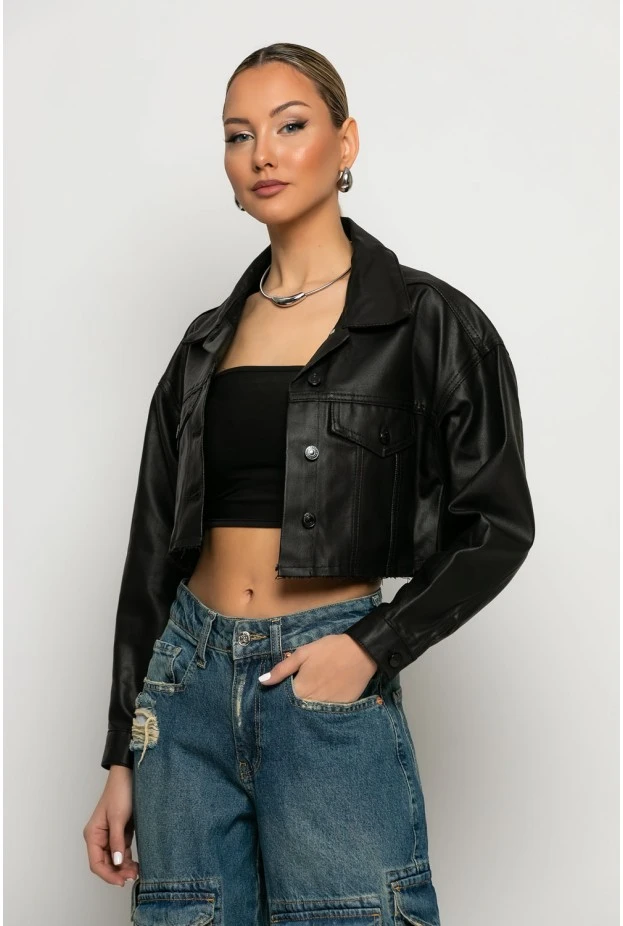 Leather cropped jacket με κουμπιά μαύρο
