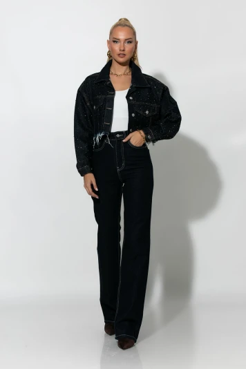 Cropped jean jacket με στρας και ξέφτια μπλε ντενιμ