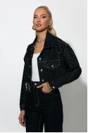 Cropped jean jacket με στρας και ξέφτια μπλε ντενιμ