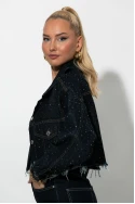 Cropped jean jacket με στρας και ξέφτια μπλε ντενιμ