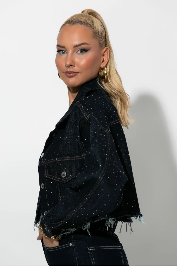 Cropped jean jacket με στρας και ξέφτια μπλε ντενιμ