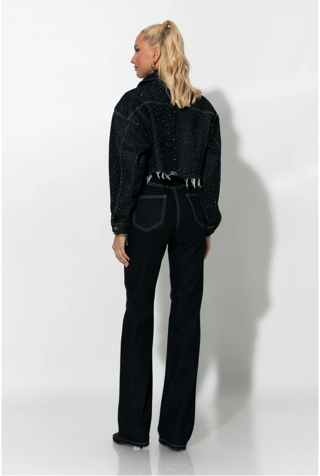 Cropped jean jacket με στρας και ξέφτια μπλε ντενιμ