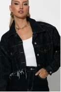 Cropped jean jacket με στρας και ξέφτια μπλε ντενιμ