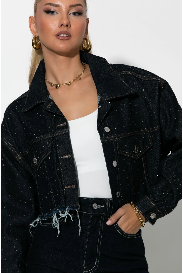 Cropped jean jacket με στρας και ξέφτια μπλε ντενιμ