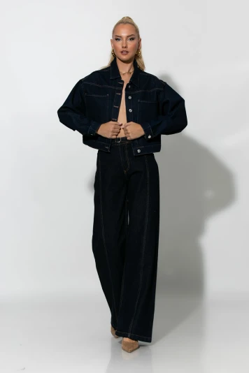 Cropped jean jacket με τσέπες μπλε ντένιμ 