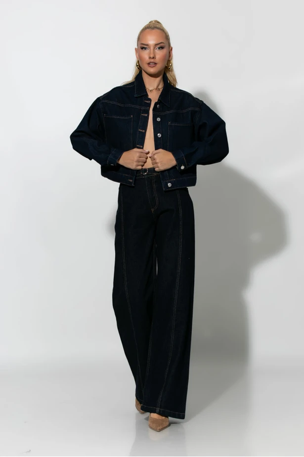 Cropped jean jacket με τσέπες μπλε ντένιμ 