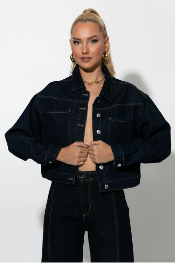 Cropped jean jacket με τσέπες μπλε ντένιμ 