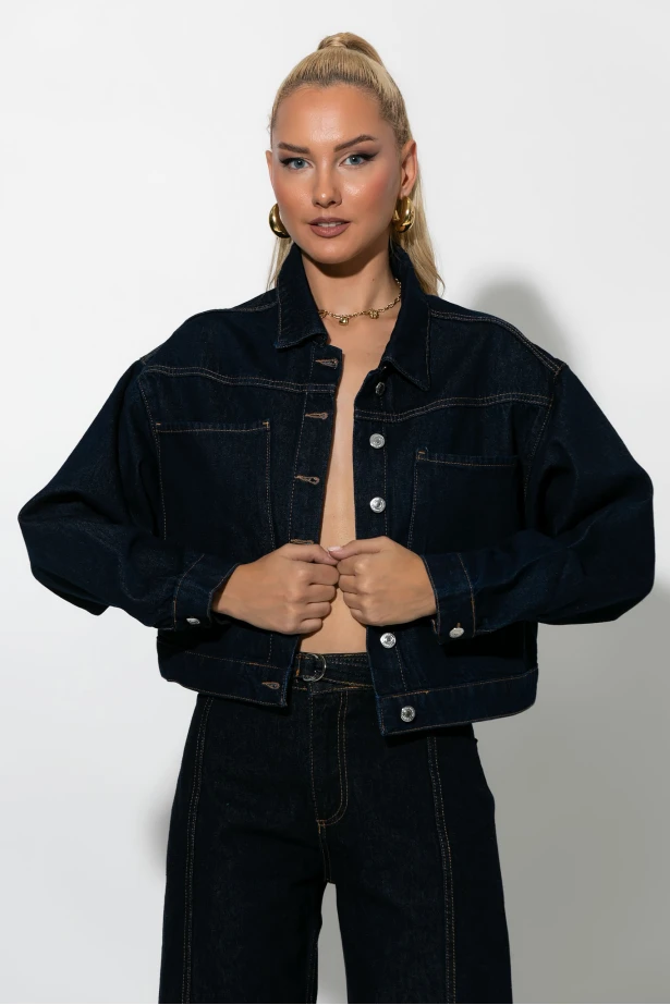 Cropped jean jacket με τσέπες μπλε ντένιμ 