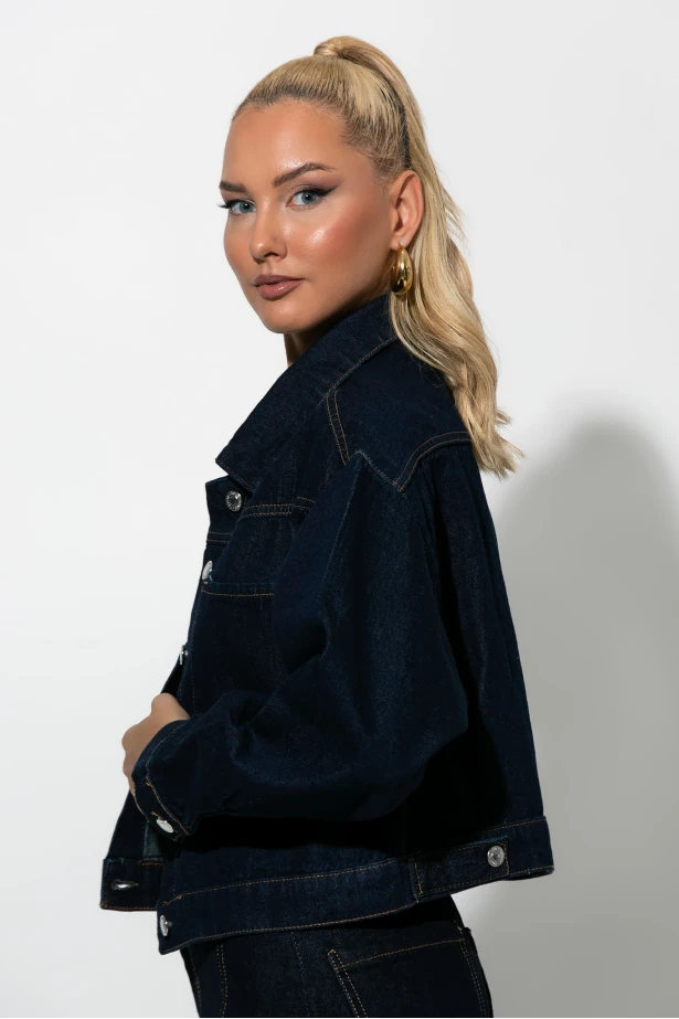 Cropped jean jacket με τσέπες μπλε ντένιμ 