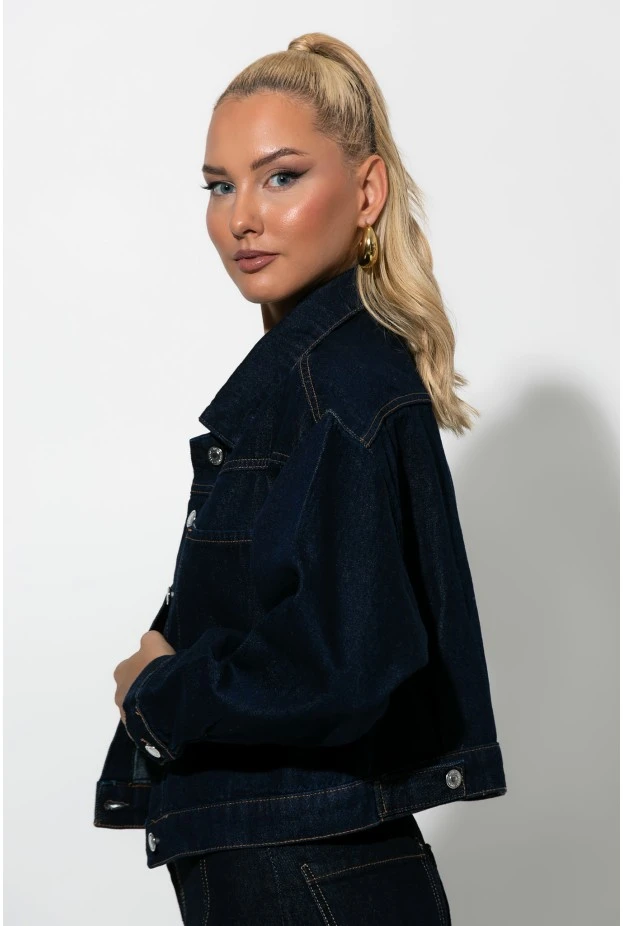 Cropped jean jacket με τσέπες μπλε ντένιμ