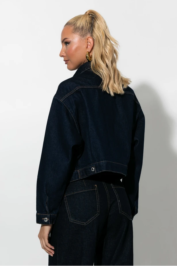 Cropped jean jacket με τσέπες μπλε ντένιμ 