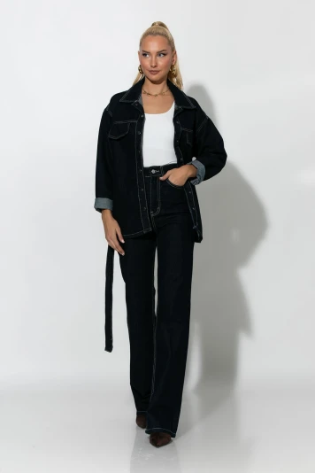 Jean jacket με κουμπιά και ζωνάκι μπλε ντένιμ 