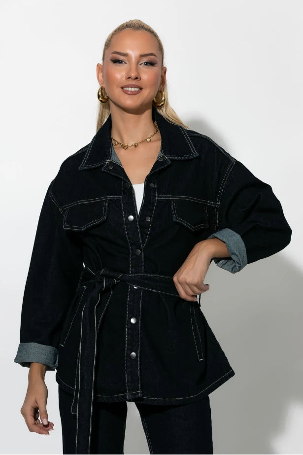 Jean jacket με κουμπιά και ζωνάκι μπλε ντένιμ Jean jacket με κουμπιά και ζωνάκι μπλε ντένιμ