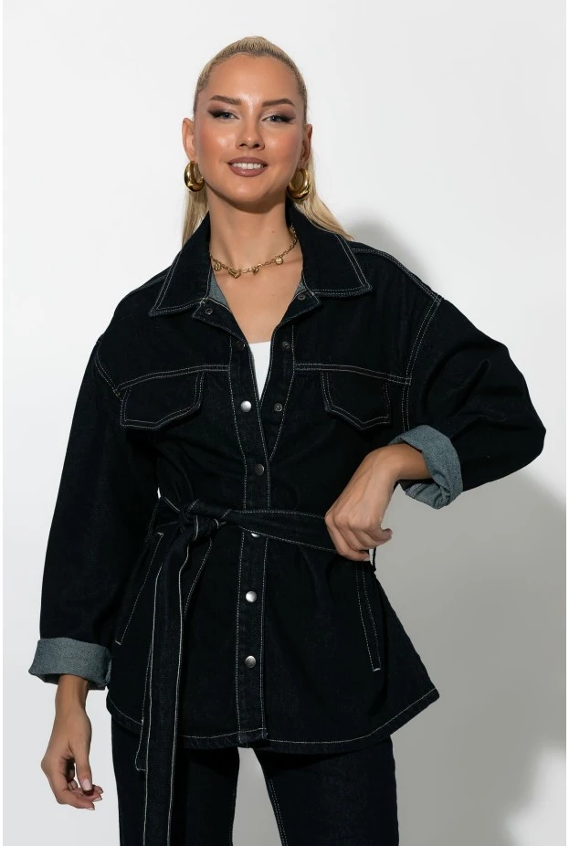 Jean jacket με κουμπιά και ζωνάκι μπλε ντένιμ 