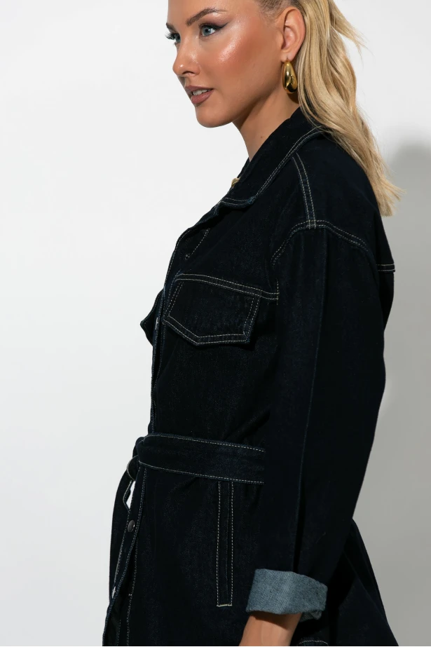 Jean jacket με κουμπιά και ζωνάκι μπλε ντένιμ Jean jacket με κουμπιά και ζωνάκι μπλε ντένιμ