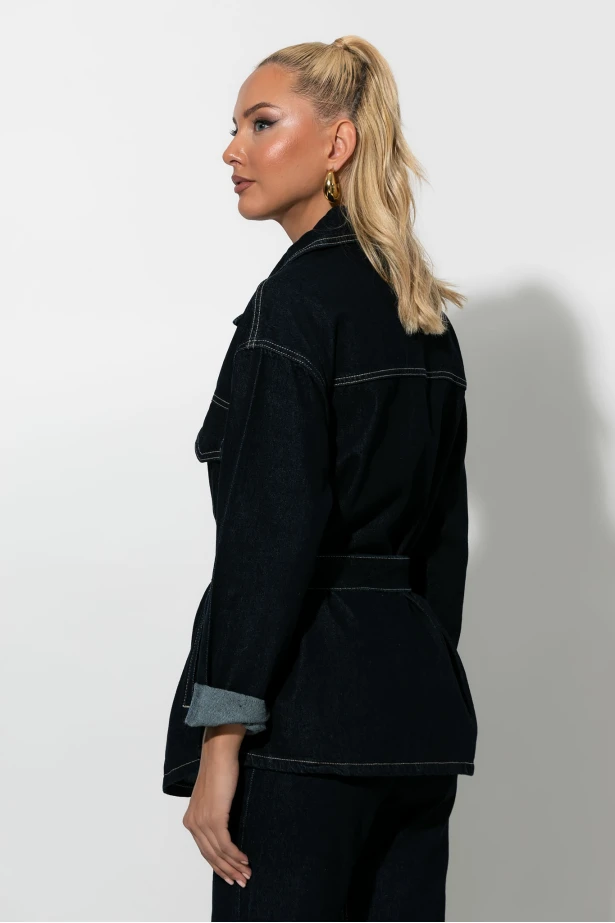Jean jacket με κουμπιά και ζωνάκι μπλε ντένιμ Jean jacket με κουμπιά και ζωνάκι μπλε ντένιμ