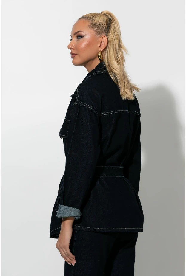 Jean jacket με κουμπιά και ζωνάκι μπλε ντένιμ 
