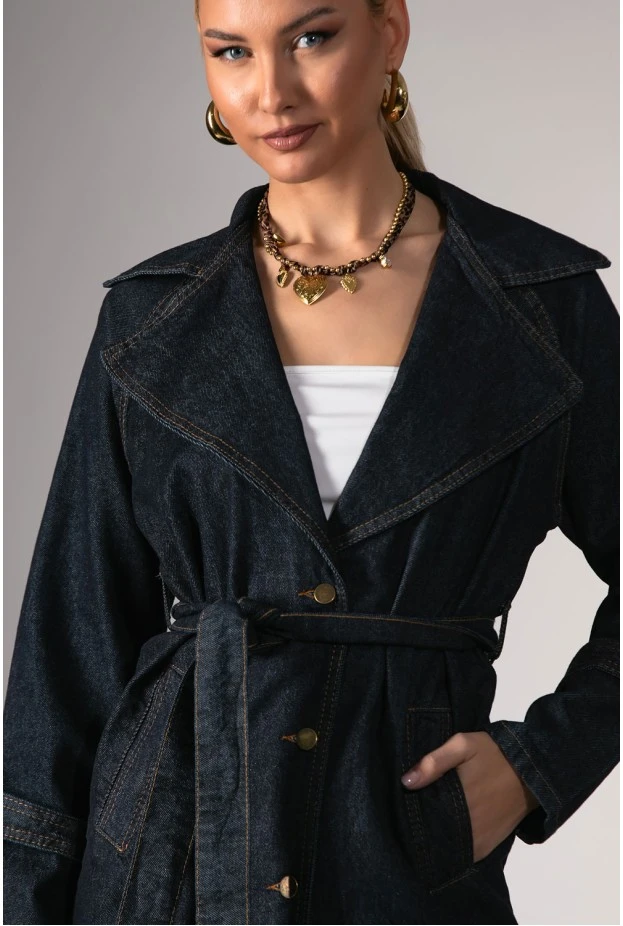 Σετ jean blazer με ζώνη και jean wide leg μπλε ντένιμ