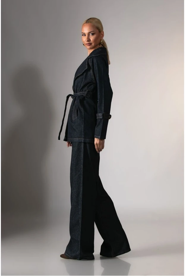 Σετ jean blazer με ζώνη και jean wide leg μπλε ντένιμ