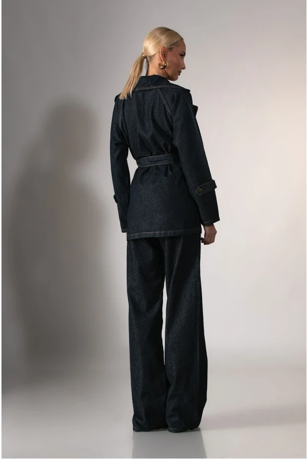 Σετ jean blazer με ζώνη και jean wide leg μπλε ντένιμ