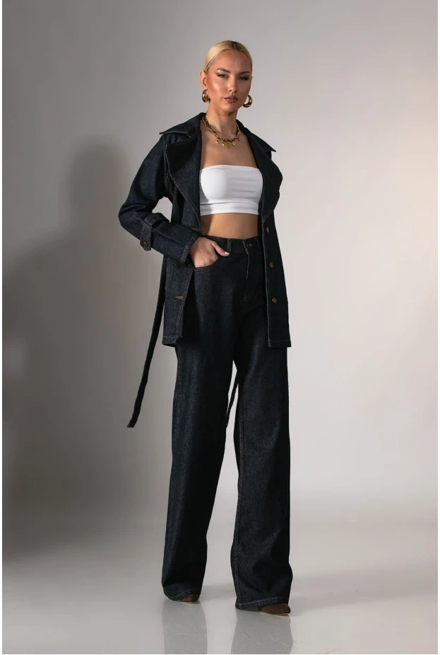 Σετ jean blazer με ζώνη και jean wide leg μπλε ντένιμ