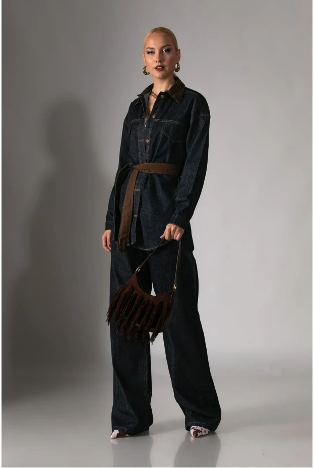 Σετ jean jacket με καφέ γιακά και jean wide leg μπλε ντένιμ