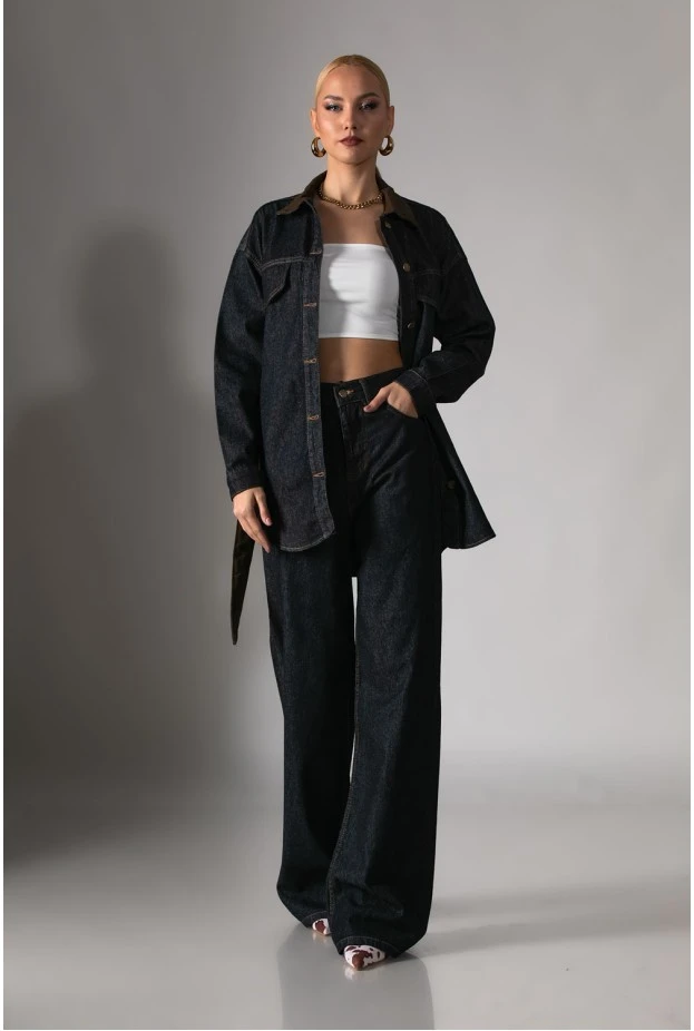 Jean wide leg με λάστιχο πίσω μπλε ντένιμ