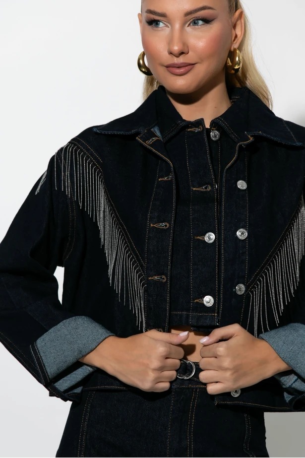 Jean jacket με κρόσια μπλε ντένιμ 