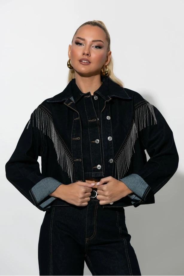 Jean jacket με κρόσια μπλε ντένιμ 