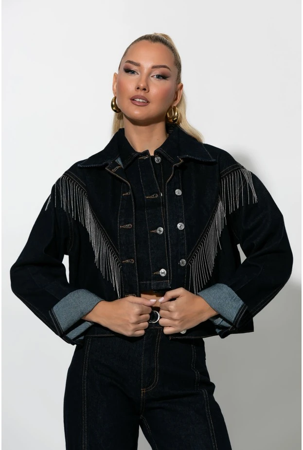 Jean jacket με κρόσια μπλε ντένιμ