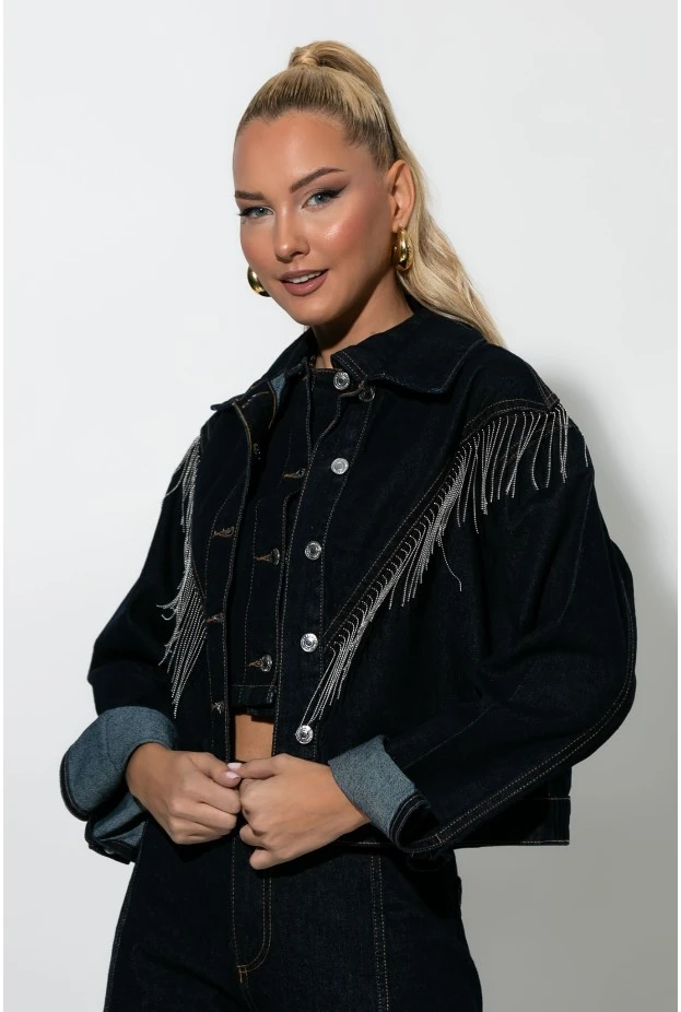 Jean jacket με κρόσια μπλε ντένιμ