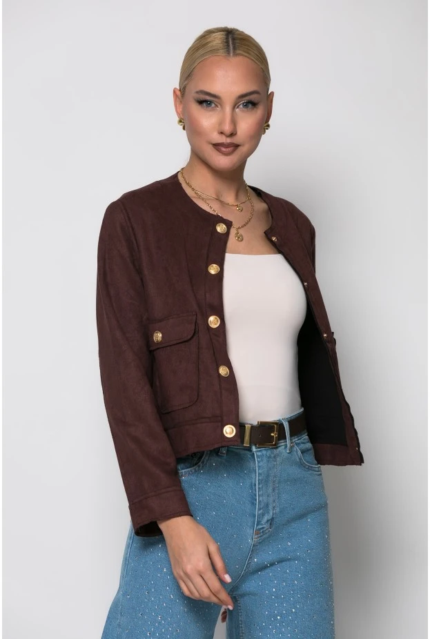 Jacket σουέντ με χρυσά κουμπιά καφέ