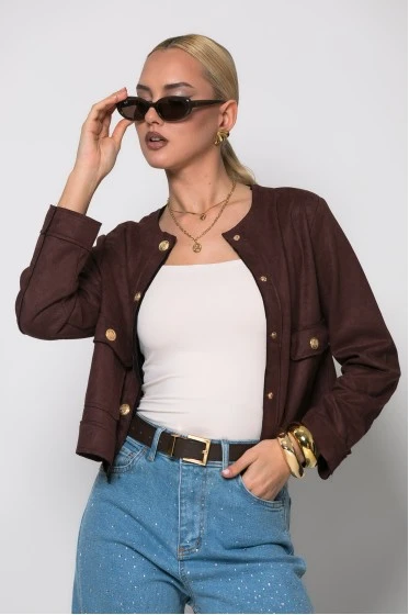 Jacket σουέντ με χρυσά κουμπιά καφέ