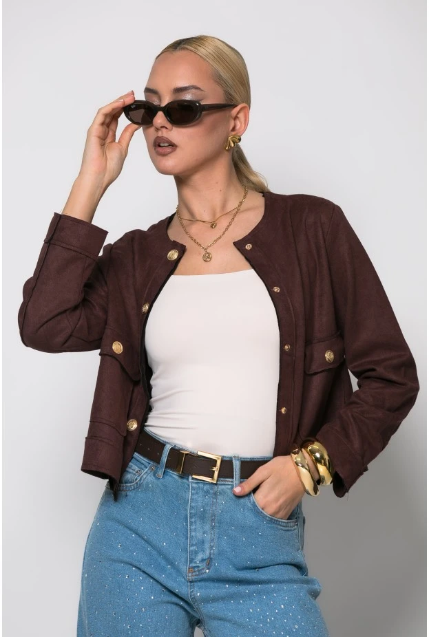 Jacket σουέντ με χρυσά κουμπιά καφέ