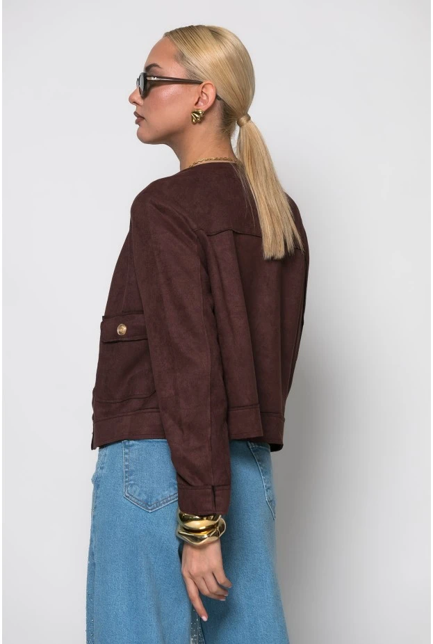 Jacket σουέντ με χρυσά κουμπιά καφέ